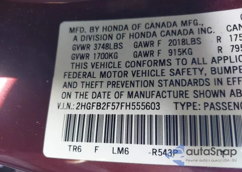 2015 Honda Civic Lx из США, поврежденный, VIN 2HGFB2F57FH555603